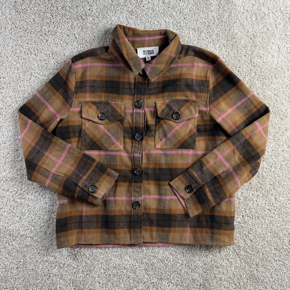 BB Dakota Steve Madden Jacket Womens XL Brown Plaid Flannel Button Front Pockets
